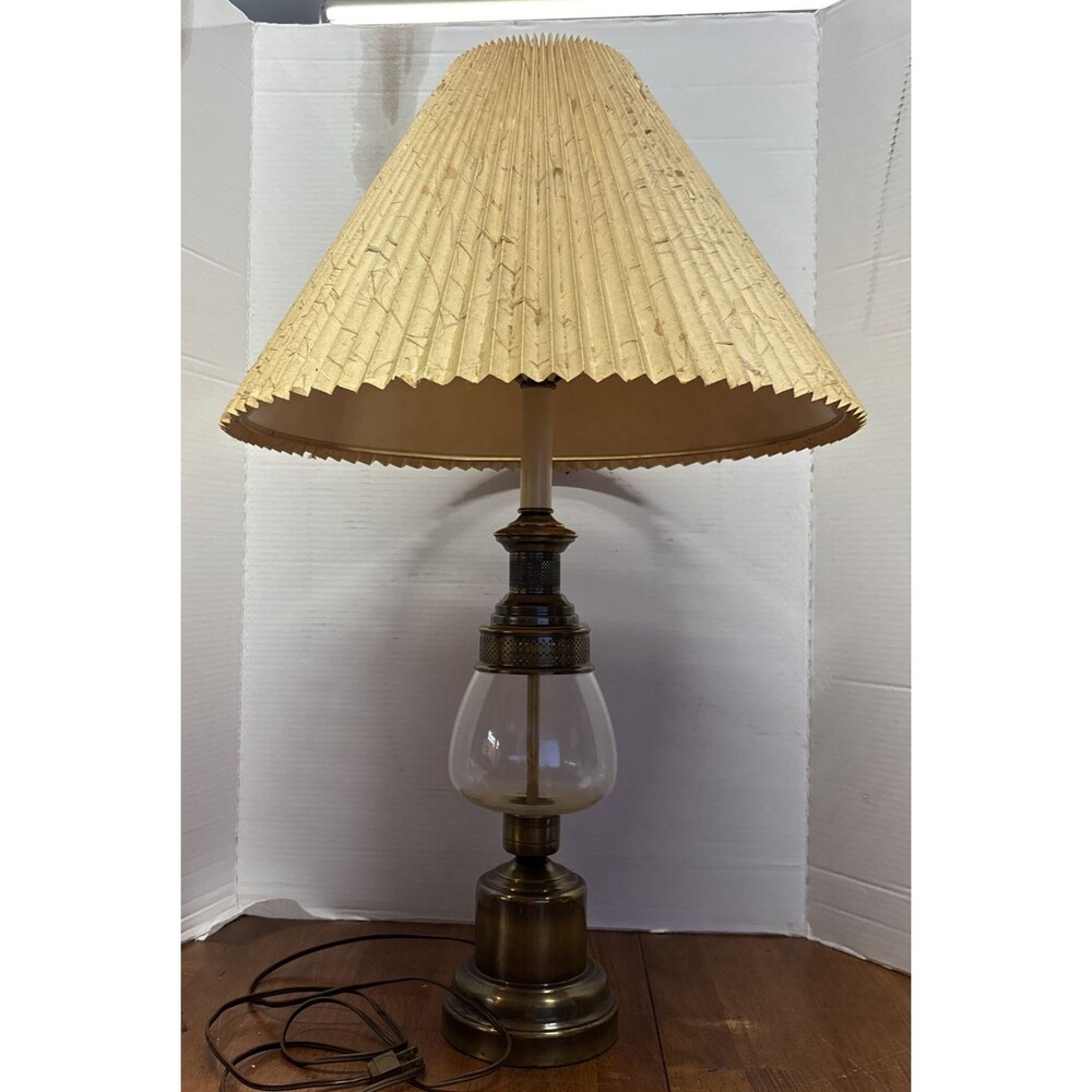 Vintage Hurricane Oil Lamp Style Table Lamp Brass Glass Electric Light w/Shade